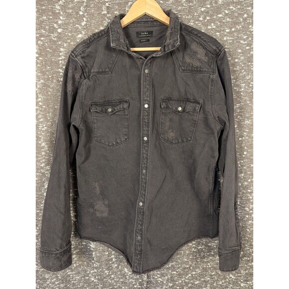 Zara Black Distressed‎ Denim Relaxed Fit Jacket Women's Size XL 100% Cotton - Picture 1 of 16